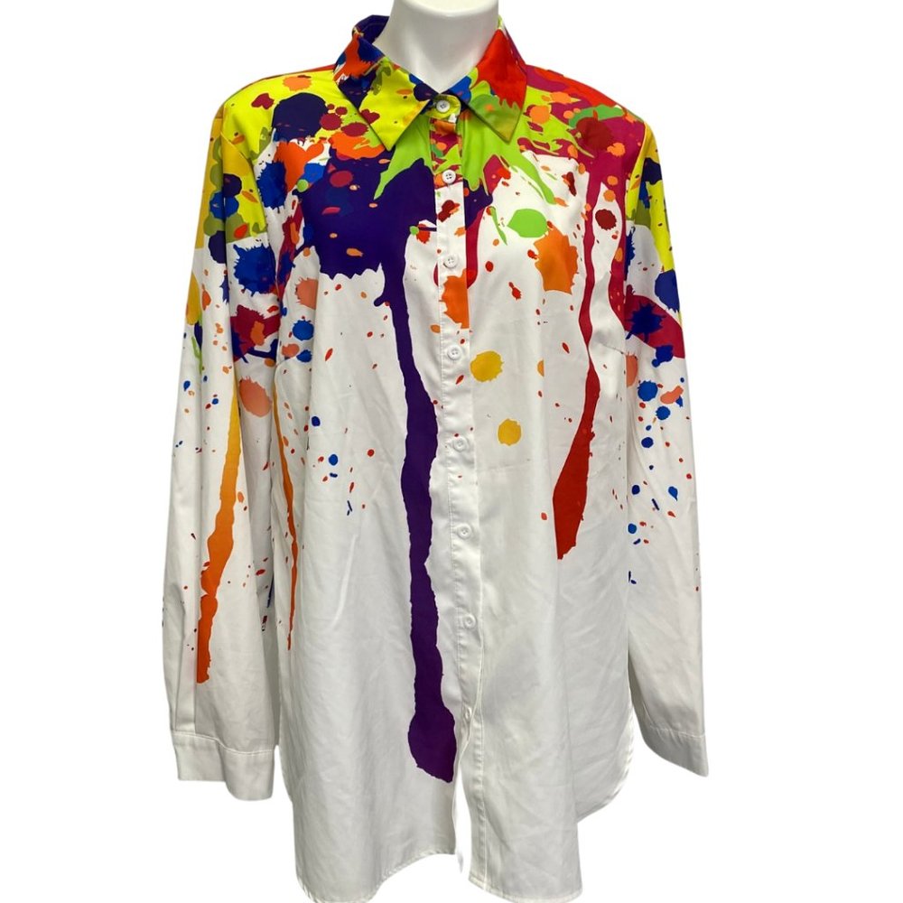 SHEIN LUNE Plus Splash Ink Print Button Front Split Hem Shirt Size 2xl